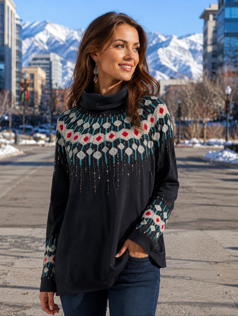 Soft Surroundings Navy Cowlneck 100% Cotton  with Embroidery Top